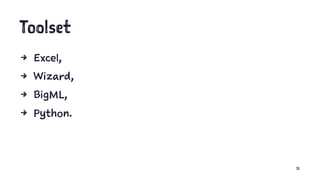 Toolset
4 Excel,
4 Wizard,
4 BigML,
4 Python.
31
 