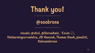 Thank you!
@soobrosa
visuals: @xkcd, @DorsaAmir, ˙Cаvin 〄,
thelearningcurvedotca, JD Hancock, Thomas Hawk, jonolist,
Kalexanderson
40
 