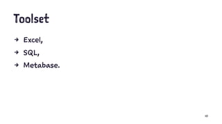 Toolset
4 Excel,
4 SQL,
4 Metabase.
10
 