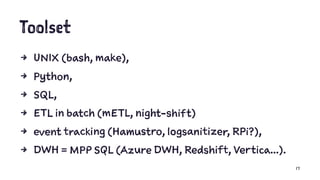 Toolset
4 UNIX (bash, make),
4 Python,
4 SQL,
4 ETL in batch (mETL, night-shift)
4 event tracking (Hamustro, logsanitizer, RPi?),
4 DWH = MPP SQL (Azure DWH, Redshift, Vertica...).
17
 