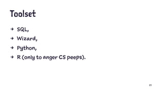 Toolset
4 SQL,
4 Wizard,
4 Python,
4 R (only to anger CS peeps).
25
 