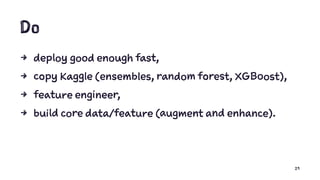 Do
4 deploy good enough fast,
4 copy Kaggle (ensembles, random forest, XGBoost),
4 feature engineer,
4 build core data/feature (augment and enhance).
29
 