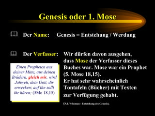 Genesis oder 1. Mose   Der  Verfasser : Wir dürfen davon ausgehen,  dass  Mose  der Verfasser dieses  Buches war. Mose war ein Prophet  (5. Mose 18,15).  Er hat sehr wahrscheinlich  Tontafeln (Bücher) mit Texten  zur Verfügung gehabt.   ( P.J. Wiseman - Entstehung des Genesis). Einen Propheten aus deiner Mitte, aus deinen Brüdern,  gleich mir , wird Jahweh, dein Gott, dir erwecken; auf ihn sollt ihr hören;  (5Mo 18,15) Der  Name : Genesis = Entstehung / Werdung 