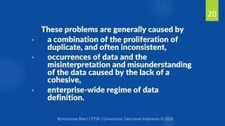 Muhammad Bakri | FTIK | Universitas Teknokrat Indonesia © 2019
These problems are generally caused by
• a combination of the proliferation of
duplicate, and often inconsistent,
• occurrences of data and the
misinterpretation and misunderstanding
of the data caused by the lack of a
cohesive,
• enterprise-wide regime of data
definition.
20
 
