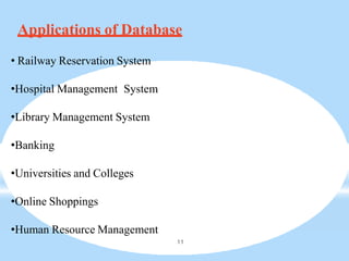 Applications of Database
11
• Railway Reservation System
•Hospital Management System
•Library Management System
•Banking
•Universities and Colleges
•Online Shoppings
•Human Resource Management
 