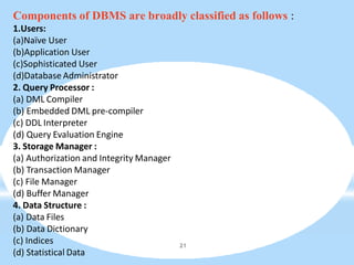 Components of DBMS are broadly classified as follows :
1.Users:
(a)Naïve User
(b)Application User
(c)Sophisticated User
(d)Database Administrator
2. Query Processor :
(a) DML Compiler
(b) Embedded DML pre-compiler
(c) DDL Interpreter
(d) Query Evaluation Engine
3. Storage Manager :
(a) Authorization and Integrity Manager
(b) Transaction Manager
(c) File Manager
(d) Buffer Manager
4. Data Structure :
(a) Data Files
(b) Data Dictionary
(c) Indices
(d) Statistical Data
21
 