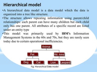 Hierarchical model
•A hierarchical data model is a data model which the data is
organized into a tree like structure.
•The structure allows repeating information using parent/child
relationships: each parent can have many children but each child
only has one parent. All attributes of a specific record are listed
under an entity type
•This model was primarily used by IBM’s Information
Management Systems in the 60s and 70s, but they are rarely seen
today due to certain operational inefficiencies.
Fig: Hierarchical Da
2t
5
a model
 