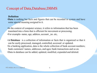 Concept of Data,Database,DBMS
PCP,NIGDI, Mrs.S.S.Jogdand 6
Definition
•Data is nothing but facts and figures that can be recorded in system and have
some special meaning assigned to it.
•In the context of computer science, it refers to information that has been
translated into a form that is efficient for movement or processing.
•For example- name, age, address, account _no. etc,
•A Database is a collection of information or facts that is organized so that it
can be easily processed, managed, controlled, accessed or updated.
•In a banking application, data is the whole collection of bank account numbers;
bank customers’names, addresses, and ages; bank transactions and so on.
•Data in database can be added, updated, modified, expanded and deleted.
 