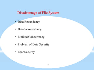 Disadvantage of File System
9
• Data Redundancy
• Data Inconsistency
• Limited Concurrency
• Problem of Data Security
• Poor Security
 