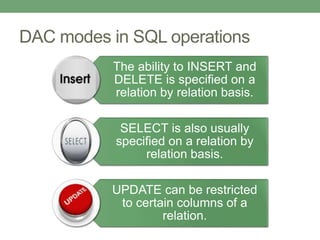 DAC modes in SQL operations
The ability to INSERT and
DELETE is specified on a
relation by relation basis.
SELECT is also usually
specified on a relation by
relation basis.
UPDATE can be restricted
to certain columns of a
relation.
 