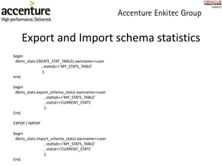 Export and Import schema statistics
begin
dbms_stats.CREATE_STAT_TABLE( ownname=>user
, stattab=>'MY_STATS_TABLE'
);
end;
begin
dbms_stats.export_schema_stats( ownname=>user
, stattab=>'MY_STATS_TABLE'
, statid=>'CURRENT_STATS'
);
End;
EXPDP / IMPDP
begin
dbms_stats.import_schema_stats( ownname=>user
, stattab=>'MY_STATS_TABLE'
, statid=>'CURRENT_STATS'
);
End;
 