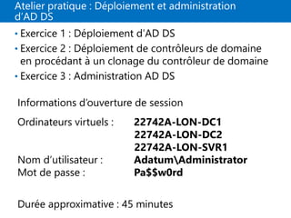 Atelier pratique : Déploiement et administration
d’AD DS
• Exercice 1 : Déploiement d’AD DS
• Exercice 2 : Déploiement de contrôleurs de domaine
en procédant à un clonage du contrôleur de domaine
• Exercice 3 : Administration AD DS
Informations d’ouverture de session
Ordinateurs virtuels : 22742A-LON-DC1
22742A-LON-DC2
22742A-LON-SVR1
Nom d’utilisateur : AdatumAdministrator
Mot de passe : Pa$$w0rd
Durée approximative : 45 minutes
 