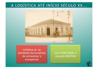 A	
  LOGÍSTICA	
  ATÉ	
  INÍCIO	
  SÉCULO	
  XX...	
  




        Limitava-­‐se	
  	
  as	
  
    a4vidades	
  burocrá4cas	
        Uso	
  FUNCIONAL	
  e	
  
       de	
  armazenar	
  e	
         atuação	
  REATIVA	
  
          transportar	
  
 