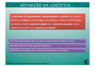 DEFINIÇÃO	
  DA	
  LOGÍSTICA...	
  

        É	
  o	
  processo	
  de	
  planejamento,	
  implementação	
  e	
  controle,	
  de	
  maneira	
  
        eﬁciente,	
  do	
  ﬂuxo	
  e	
  armazenagem	
  de	
  produtos,	
  serviços	
  e	
  informações	
  
        associadas,	
  desde	
  o	
  ponto	
  de	
  origem	
  até	
  o	
  ponto	
  de	
  consumo,	
  com	
  o	
  
        obje4vo	
  de	
  atender	
  aos	
  requisitos	
  do	
  cliente*.	
  




       Uma	
  das	
  áreas	
  proﬁssionais	
  com	
  maior	
  crescimento	
  dos	
  úl4mos	
  10	
  anos.	
  

       Apontada	
  como	
  uma	
  das	
  proﬁssões	
  do	
  futuro.	
  

       Atualmente	
  convivemos	
  com	
  a	
  falta	
  de	
  proﬁssionais	
  no	
  mercado.	
  




*Deﬁnição	
  do	
  Council	
  of	
  Supply	
  Chain	
  Management	
  Professionals	
  
 