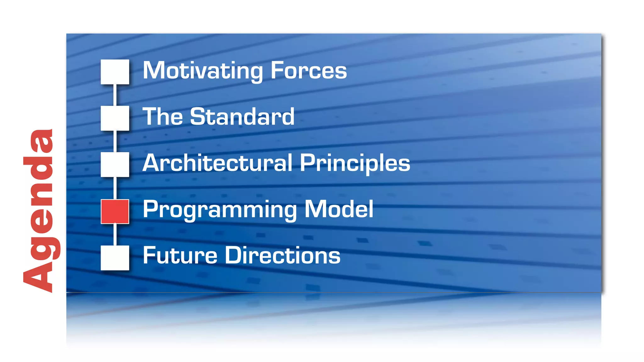 Motivating Forces
         The Standard
Agenda

         Architectural Principles
         Programming Model
         Future Directions
 