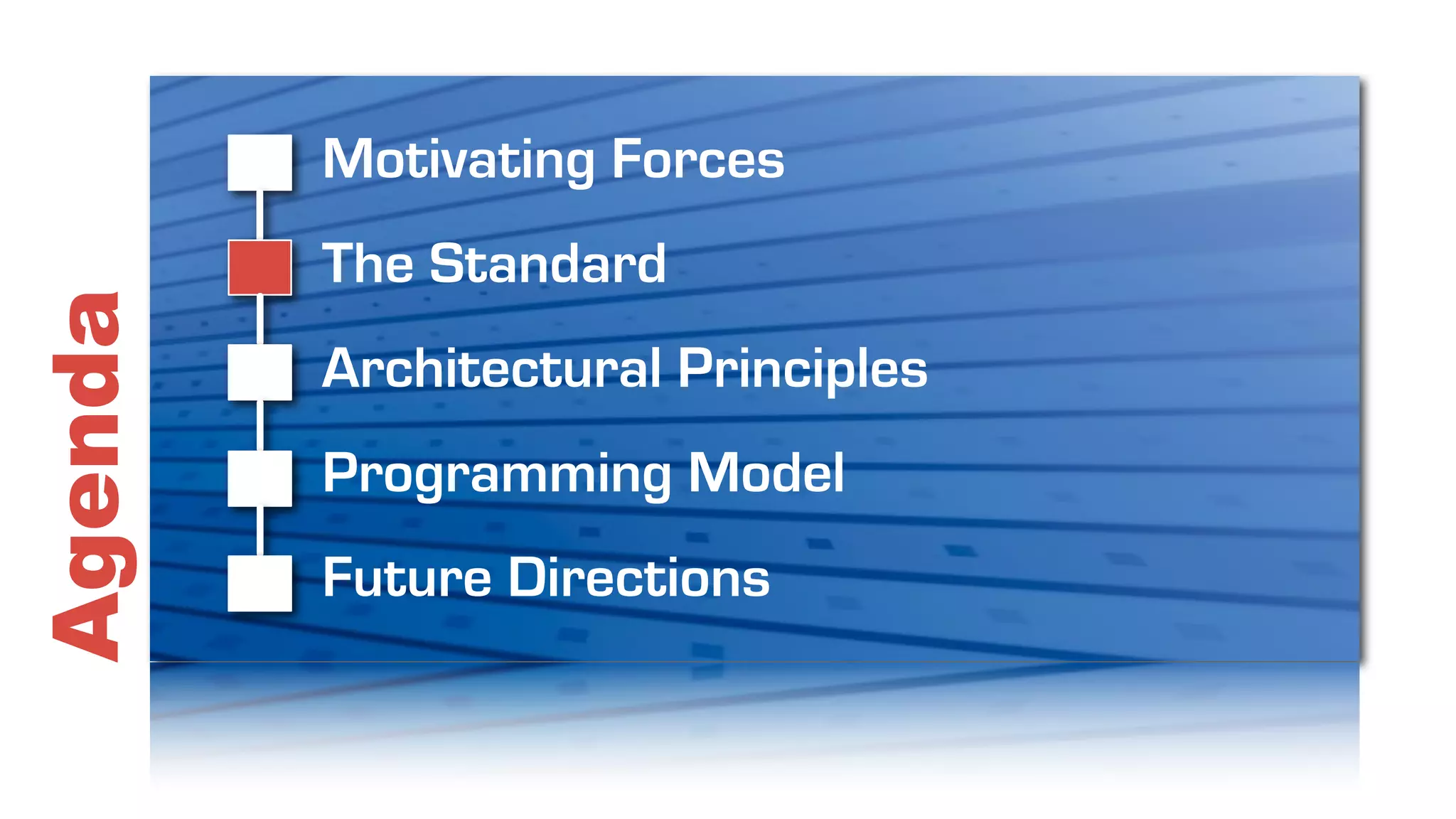 Motivating Forces
         The Standard
Agenda

         Architectural Principles
         Programming Model
         Future Directions
 