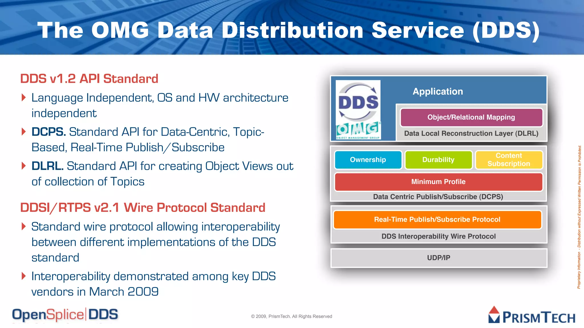 The OMG Data Distribution Service (DDS)

DDS v1.2 API Standard
‣ Language Independent, OS and HW architecture                                                        Application

    independent                                                                                           Object/Relational Mapping

‣   DCPS. Standard API for Data-Centric, Topic-                                                    Data Local Reconstruction Layer (DLRL)

    Based, Real-Time Publish/Subscribe




                                                                                                                                            Proprietary Information - Distribution without Expressed Written Permission is Prohibited.
                                                                                                                              Content
‣
                                                                                     Ownership           Durability
    DLRL. Standard API for creating Object Views out                                                                        Subscription

    of collection of Topics                                                                          Minimum Proﬁle

                                                                                          Data Centric Publish/Subscribe (DCPS)
DDSI/RTPS v2.1 Wire Protocol Standard
‣ Standard wire protocol allowing interoperability
                                                                                           Real-Time Publish/Subscribe Protocol

                                                                                             DDS Interoperability Wire Protocol
    between different implementations of the DDS
    standard                                                                                              UDP/IP

‣   Interoperability demonstrated among key DDS
    vendors in March 2009
                                            © 2009, PrismTech. All Rights Reserved
 