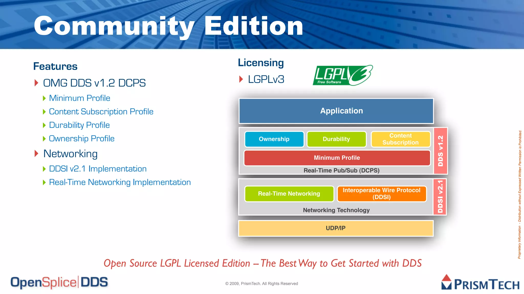 Community Edition
Features                                          Licensing
‣ OMG DDS v1.2 DCPS                               ‣ LGPLv3
 ‣ Minimum Profile
 ‣ Content Subscription Profile                                                           Application
 ‣ Durability Profile




                                                                                                                                            Proprietary Information - Distribution without Expressed Written Permission is Prohibited.
 ‣ Ownership Profile                                                                                              Content




                                                                                                                                DDS v1.2
                                                             Ownership                     Durability
                                                                                                                Subscription

‣ Networking                                                                            Minimum Proﬁle

 ‣ DDSI v2.1 Implementation                                                          Real-Time Pub/Sub (DCPS)

 ‣ Real-Time Networking Implementation




                                                                                                                                DDSI v2.1
                                                                                                  Interoperable Wire Protocol
                                                             Real-Time Networking
                                                                                                            (DDSI)

                                                                                     Networking Technology


                                                                                            UDP/IP




                 Open Source LGPL Licensed Edition -- The Best Way to Get Started with DDS
                                            © 2009, PrismTech. All Rights Reserved
 