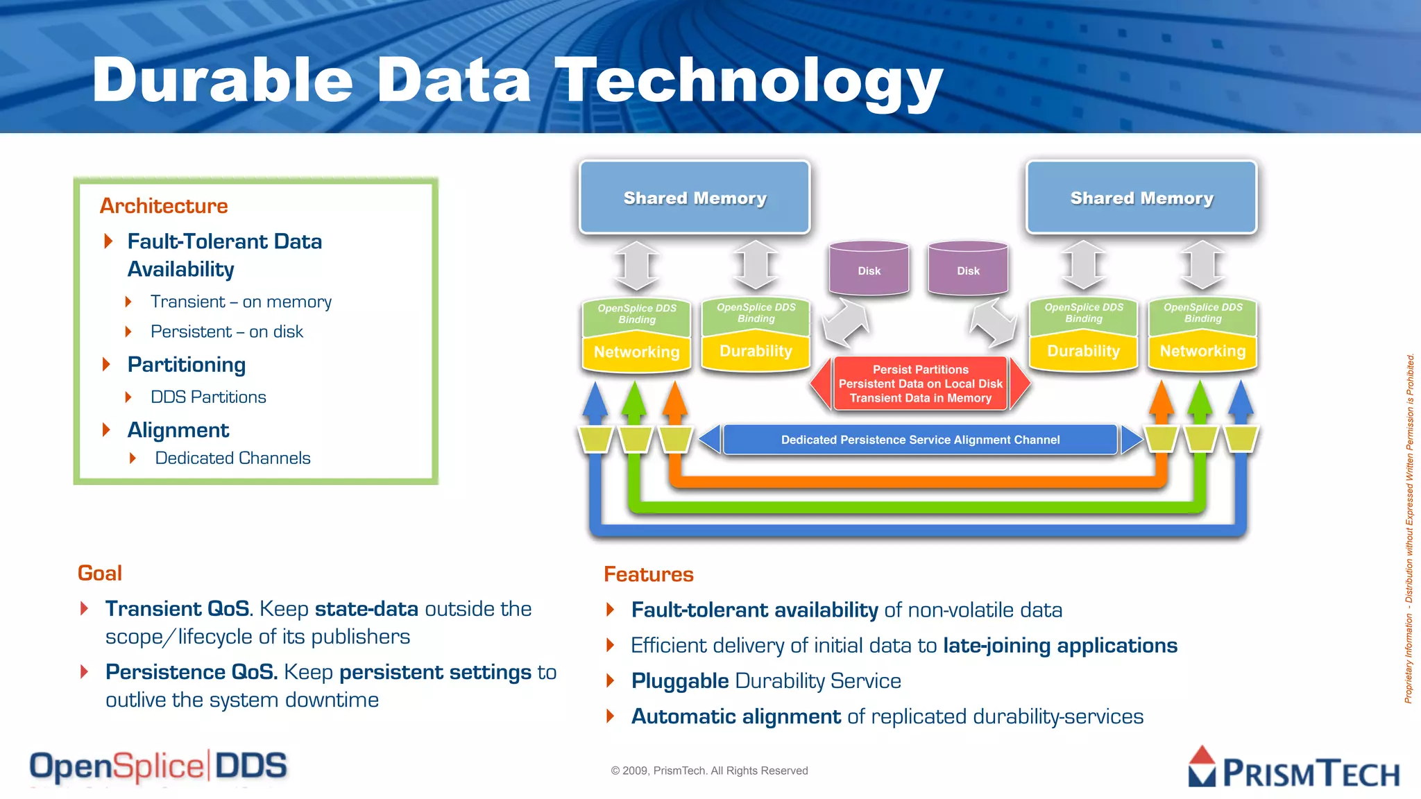 Durable Data Technology
                                                      Shared Memory                                                                  Shared Memory
  Architecture
  ‣ Fault-Tolerant Data
    Availability                                                                               Disk             Disk


    ‣ Transient -- on memory                     OpenSplice DDS        OpenSplice DDS                                          OpenSplice DDS   OpenSplice DDS
                                                    Binding               Binding                                                 Binding          Binding
    ‣ Persistent -- on disk
                                                 Networking            Durability                                              Durability       Networking
  ‣ Partitioning




                                                                                                                                                                 Proprietary Information - Distribution without Expressed Written Permission is Prohibited.
                                                                                                  Persist Partitions
                                                                                            Persistent Data on Local Disk
    ‣ DDS Partitions                                                                         Transient Data in Memory


  ‣ Alignment                                                                      Dedicated Persistence Service Alignment Channel
    ‣ Dedicated Channels




Goal                                              Features
‣ Transient QoS. Keep state-data outside the      ‣    Fault-tolerant availability of non-volatile data
  scope/lifecycle of its publishers               ‣    Efficient delivery of initial data to late-joining applications
‣ Persistence QoS. Keep persistent settings to    ‣    Pluggable Durability Service
  outlive the system downtime
                                                  ‣    Automatic alignment of replicated durability-services

                                                   © 2009, PrismTech. All Rights Reserved
 