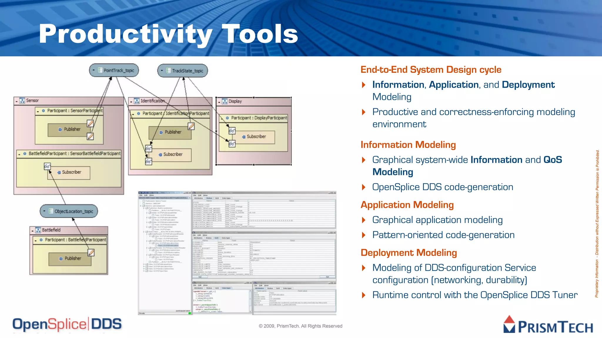 Productivity Tools
                                                        End-to-End System Design cycle
                                                        ‣ Information, Application, and Deployment
                                                          Modeling
                                                        ‣ Productive and correctness-enforcing modeling
                                                          environment

                                                        Information Modeling




                                                                                                          Proprietary Information - Distribution without Expressed Written Permission is Prohibited.
                                                        ‣ Graphical system-wide Information and QoS
                                                           Modeling
                                                        ‣ OpenSplice DDS code-generation
                                                        Application Modeling
                                                        ‣ Graphical application modeling
                                                        ‣ Pattern-oriented code-generation
                                                        Deployment Modeling
                                                        ‣ Modeling of DDS-configuration Service
                                                          configuration (networking, durability)
                                                        ‣ Runtime control with the OpenSplice DDS Tuner

               © 2009, PrismTech. All Rights Reserved
 