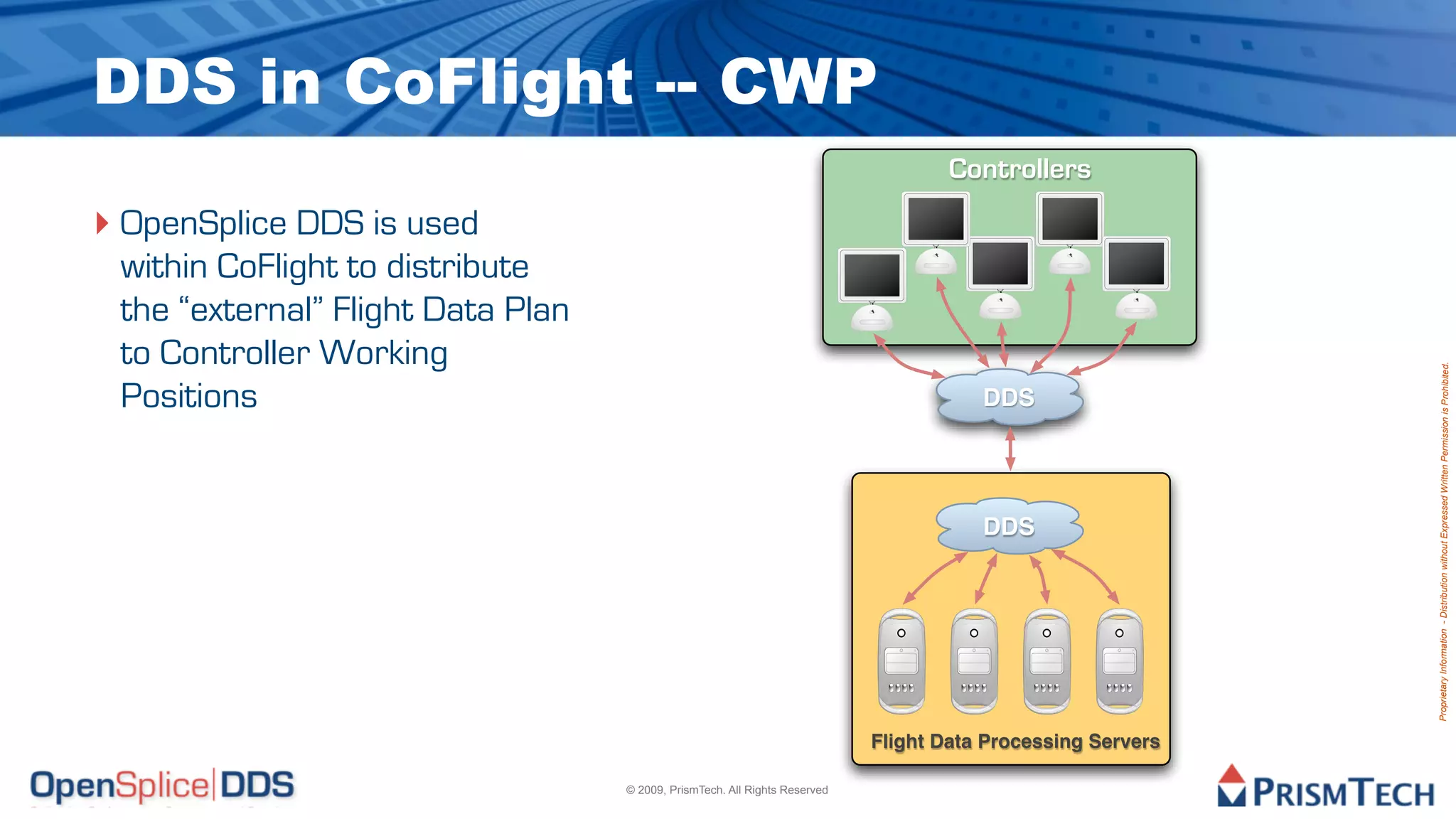DDS in CoFlight -- CWP
                                                                                    Controllers
‣ OpenSplice DDS is used
 within CoFlight to distribute
 the “external” Flight Data Plan
 to Controller Working




                                                                                                             Proprietary Information - Distribution without Expressed Written Permission is Prohibited.
 Positions                                                                             DDS




                                                                                       DDS




                                                                            Flight Data Processing Servers

                                   © 2009, PrismTech. All Rights Reserved
 