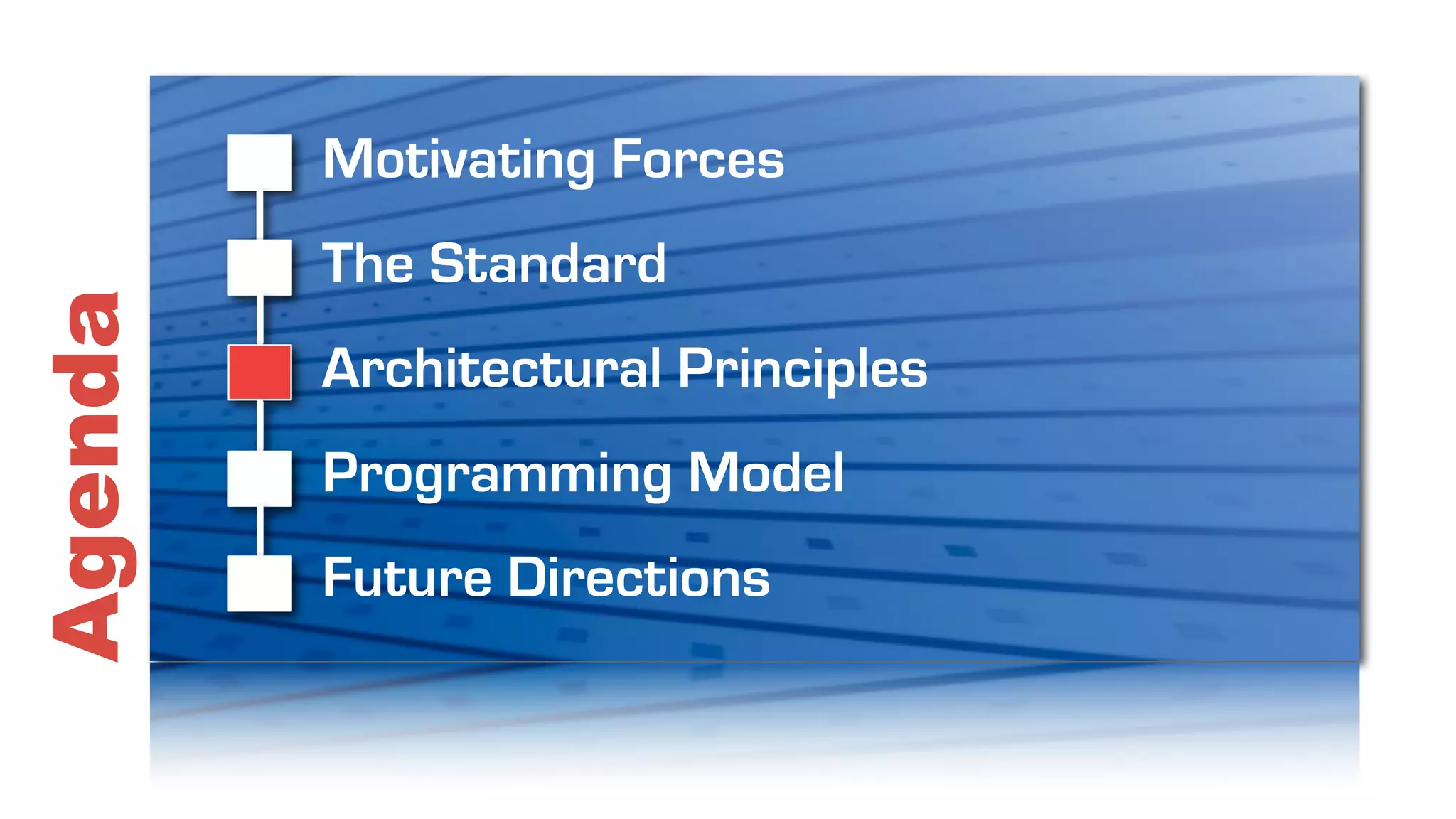 Motivating Forces
         The Standard
Agenda

         Architectural Principles
         Programming Model
         Future Directions
 