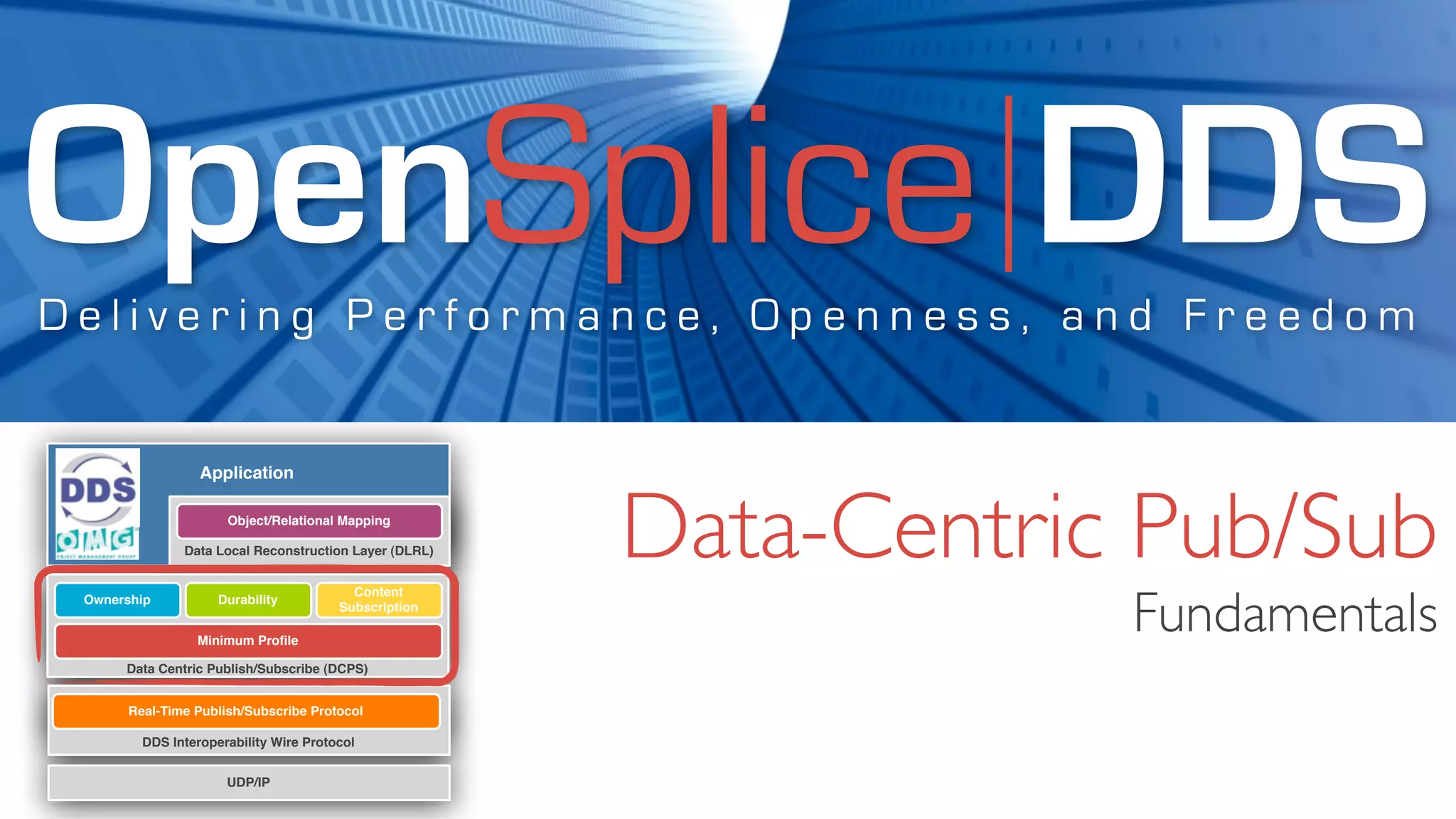 OpenSplice DDS
Delivering Performance, Openness, and Freedom


                  Application

                      Object/Relational Mapping

               Data Local Reconstruction Layer (DLRL)   Data-Centric Pub/Sub
                                                                    Fundamentals
                                          Content
 Ownership           Durability
                                        Subscription

                 Minimum Proﬁle

      Data Centric Publish/Subscribe (DCPS)


       Real-Time Publish/Subscribe Protocol

         DDS Interoperability Wire Protocol


                      UDP/IP
 