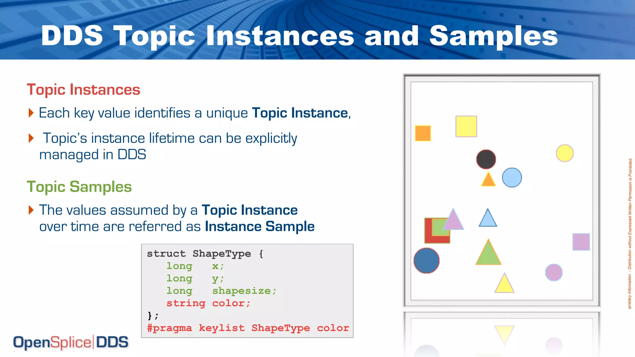 DDS Topic Instances and Samples
Topic Instances
‣ Each key value identifies a unique Topic Instance,
‣ Topic’s instance lifetime can be explicitly
 managed in DDS




                                                                                Proprietary Information - Distribution without Expressed Written Permission is Prohibited.
Topic Samples
‣ The values assumed by a Topic Instance
 over time are referred as Instance Sample
                   struct ShapeType {
                      long   x;
                      long   y;
                      long   shapesize;
                      string color;
                   };
                   #pragma keylist ShapeType color
                                       © 2009, PrismTech. All Rights Reserved
 