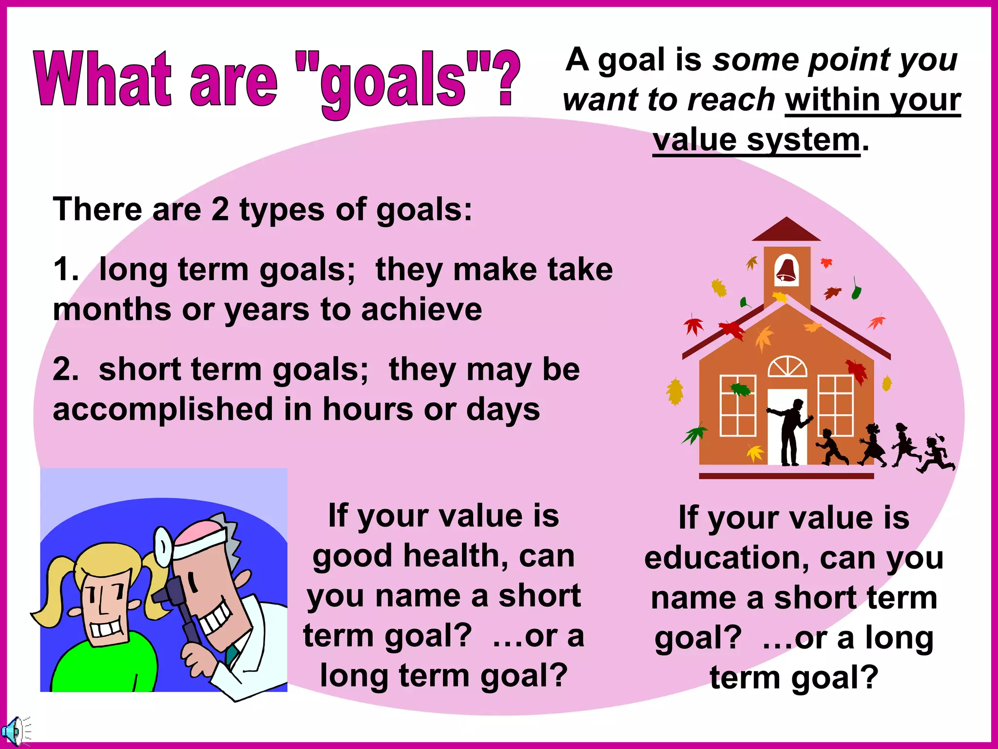 A goal is some point you
want to reach within your
value system.
There are 2 types of goals:
1. long term goals; they make take
months or years to achieve
2. short term goals; they may be
accomplished in hours or days
If your value is
education, can you
name a short term
goal? …or a long
term goal?
If your value is
good health, can
you name a short
term goal? …or a
long term goal?
 
