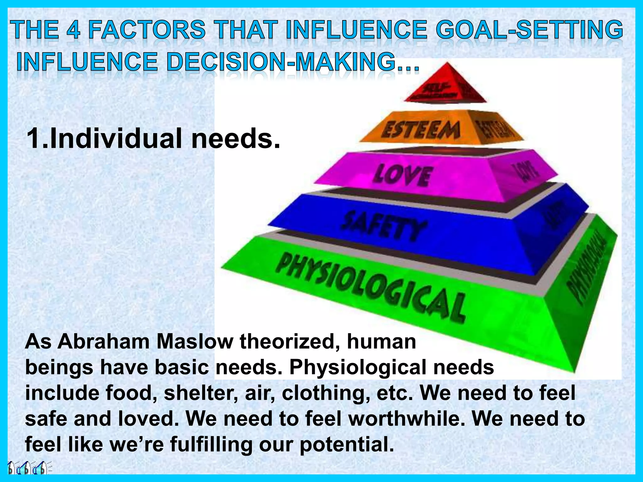 1.Individual needs.
As Abraham Maslow theorized, human
beings have basic needs. Physiological needs
include food, shelter, air, clothing, etc. We need to feel
safe and loved. We need to feel worthwhile. We need to
feel like we’re fulfilling our potential.
 