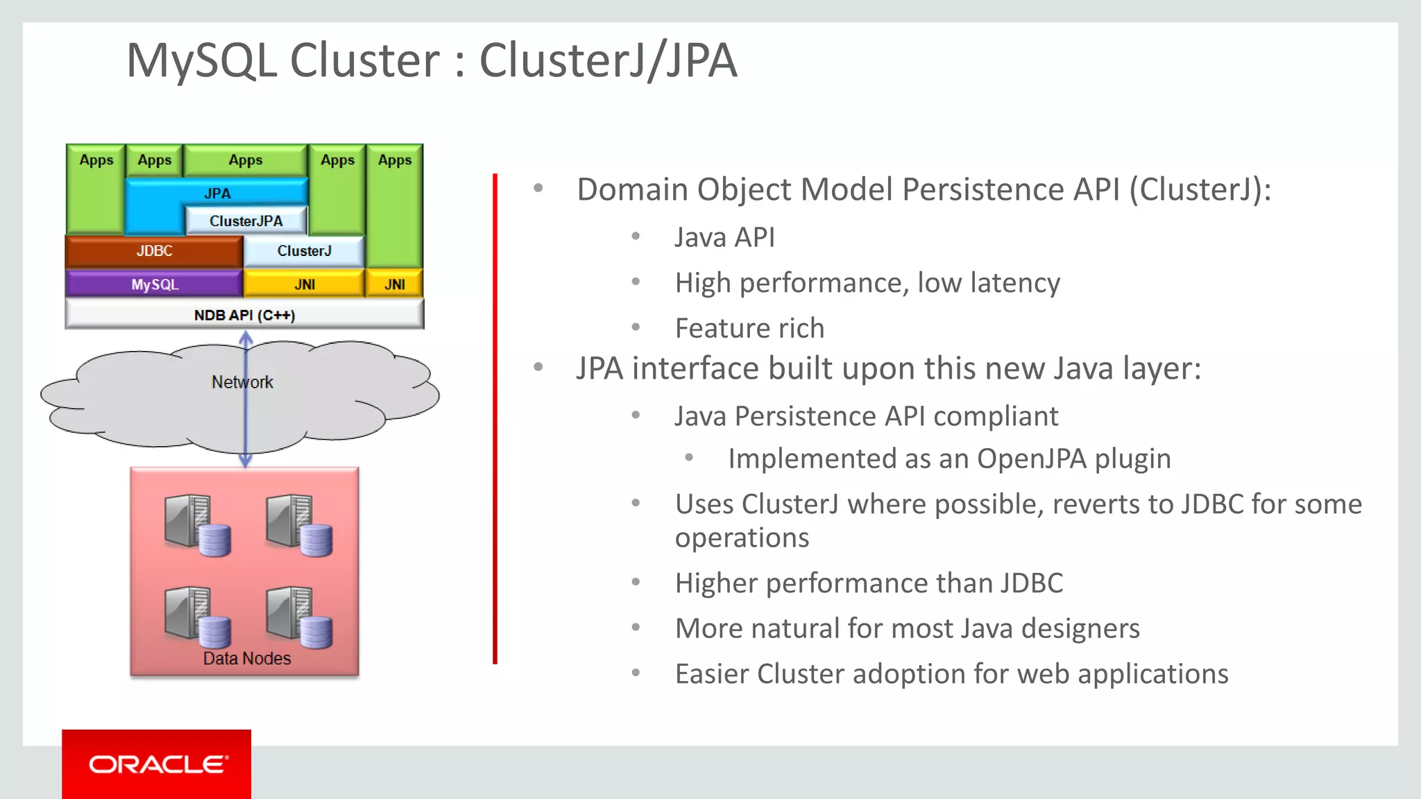 • Domain Object Model Persistence API (ClusterJ):
• Java API
• High performance, low latency
• Feature rich
• JPA interface built upon this new Java layer:
• Java Persistence API compliant
• Implemented as an OpenJPA plugin
• Uses ClusterJ where possible, reverts to JDBC for some
operations
• Higher performance than JDBC
• More natural for most Java designers
• Easier Cluster adoption for web applications
MySQL Cluster : ClusterJ/JPA
 