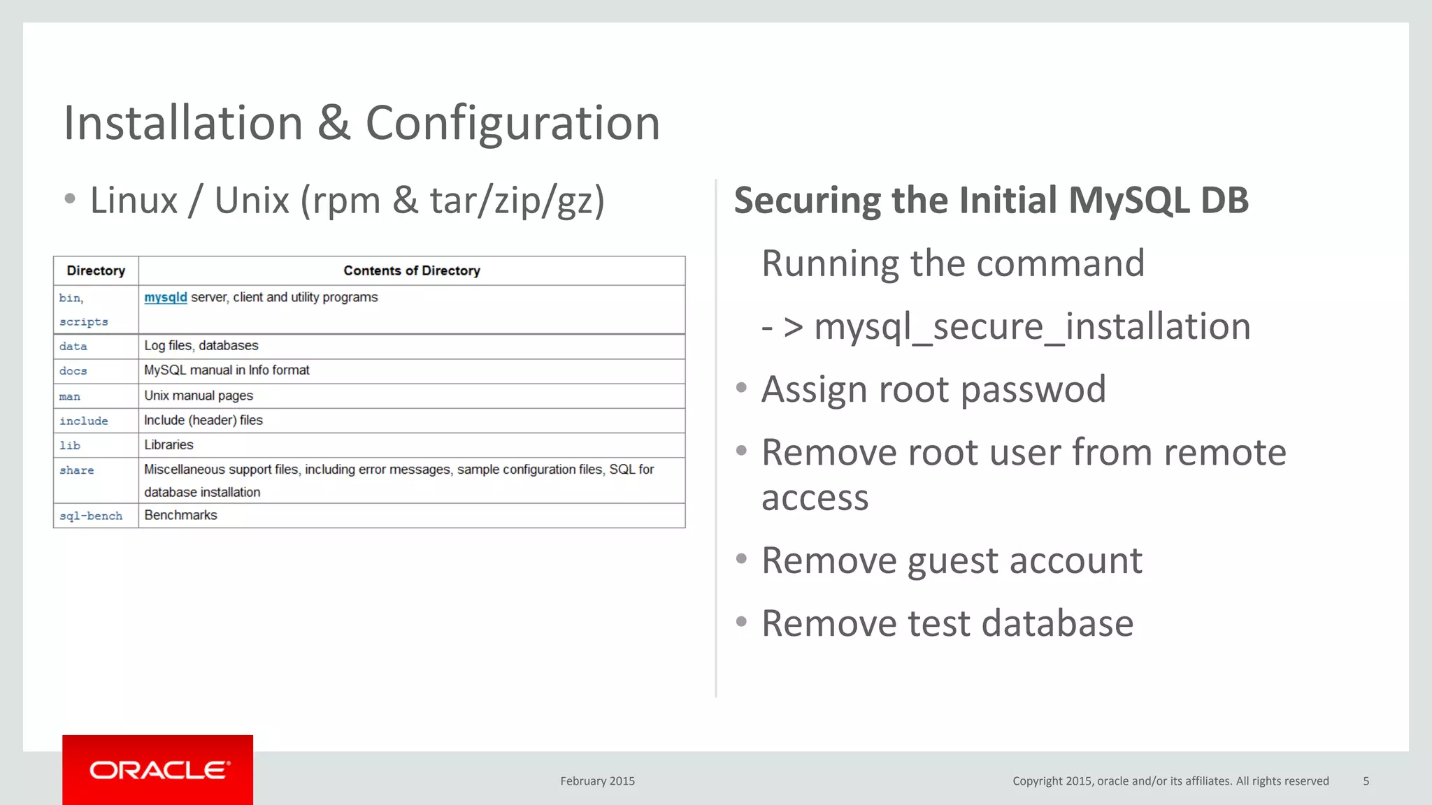 • Linux / Unix (rpm & tar/zip/gz) Securing the Initial MySQL DB
Running the command
- > mysql_secure_installation
• Assign root passwod
• Remove root user from remote
access
• Remove guest account
• Remove test database
February 2015 5
Installation & Configuration
Copyright 2015, oracle and/or its affiliates. All rights reserved
 
