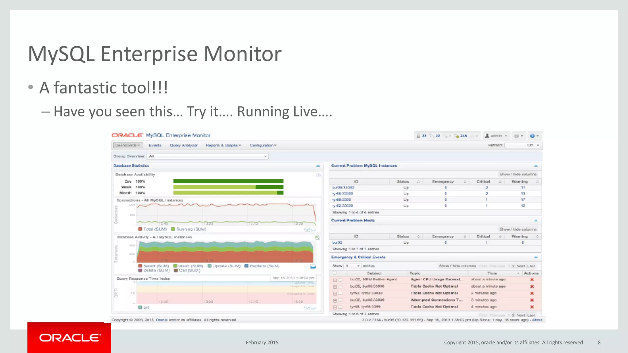 MySQL Enterprise Monitor
• A fantastic tool!!!
– Have you seen this… Try it…. Running Live….
February 2015 Copyright 2015, oracle and/or its affiliates. All rights reserved 8
 