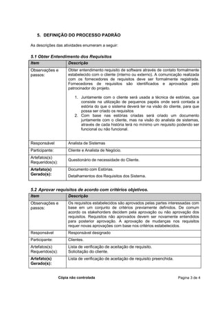 5. DEFINIÇÃO DO PROCESSO PADRÃO

As descrições das atividades enumeram a seguir:

5.1 Obter Entendimento dos Requisitos
Item             Descrição
Observações e         Obter entendimento requisito de software através de contato formalmente
passos:               estabelecido com o cliente (interno ou externo). A comunicação realizada
                      com os fornecedores de requisitos deve ser formalmente registrada.
                      Fornecedores de requisitos são identificados e aprovados pelo
                      patrocinador do projeto.

                         1. Juntamente com o cliente será usada a técnica de estórias, que
                            consiste na utilização de pequenos papéis onde será contada a
                            estória do que o sistema deverá ter na visão do cliente, para que
                            possa ser criado os requisitos
                         2. Com base nas estórias criadas será criado um documento
                            juntamente com o cliente, mas na visão do analista de sistemas,
                            através de cada história terá no mínimo um requisito podendo ser
                            funcional ou não funcional.


Responsável           Analista de Sistemas
Participante:         Cliente e Analista de Negócio.
Artefatos(s)
                      Questionário de necessidade do Cliente.
Requeridos(s):
Artefato(s)           Documento com Estórias.
Gerado(s):            Detalhamentos dos Requisitos dos Sistema.


5.2 Aprovar requisitos de acordo com critérios objetivos.
Item              Descrição
Observações e         Os requisitos estabelecidos são aprovados pelas partes interessadas com
passos:               base em um conjunto de critérios previamente definidos. De comum
                      acordo os stakehorders decidem pela aprovação ou não aprovação dos
                      requisitos. Requisitos não aprovados devem ser novamente entendidos
                      para posterior aprovação. A aprovação de mudanças nos requisitos
                      requer novas aprovações com base nos critérios estabelecidos.
Responsável           Responsável designado
Participante:         Clientes.
Artefatos(s)          Lista de verificação de aceitação de requisito.
Requeridos(s):        Solicitação do cliente.
Artefato(s)           Lista de verificação de aceitação de requisito preenchida.
Gerado(s):


                 Cópia não controlada                                              Pagina 3 de 4
 