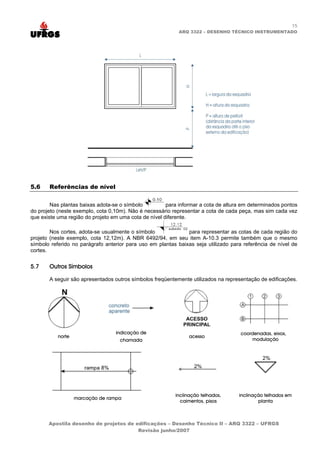 15
ARQ 3322 – DESENHO TÉCNICO INSTRUMENTADO
5.6 Referências de nível
Nas plantas baixas adota-se o símbolo para informar a cota de altura em determinados pontos
do projeto (neste exemplo, cota 0,10m). Não é necessário representar a cota de cada peça, mas sim cada vez
que existe uma região do projeto em uma cota de nível diferente.
Nos cortes, adota-se usualmente o símbolo para representar as cotas de cada região do
projeto (neste exemplo, cota 12,12m). A NBR 6492/94, em seu item A-10.3 permite também que o mesmo
símbolo referido no parágrafo anterior para uso em plantas baixas seja utilizado para referência de nível de
cortes.
5.7 Outros Símbolos
A seguir são apresentados outros símbolos freqüentemente utilizados na representação de edificações.
norte
indicação de
chamada
acesso
coordenadas, eixos,
modulação
marcação de rampa
inclinação telhados,
caimentos, pisos
inclinação telhados em
planta
Apostila desenho de projetos de edificações – Desenho Técnico II – ARQ 3322 – UFRGS
Revisão junho/2007
 
