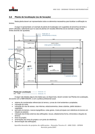 5
ARQ 3322 – DESENHO TÉCNICO INSTRUMENTADO
2.2 Planta de localização (ou de locação)
Nesta planta devem ser representados todos os elementos necessários para localizar a edificação no
terreno.
A seguir é apresentado um exemplo de planta de localização com sugestões de tamanhos de fonte a
serem utilizadas, salientando que no caso de plantas em escalas diferentes da do exemplo a seguir estas
fontes deverão ser ajustadas.
A seguir são listados alguns dos dados que, se disponíveis, devem constar nas Plantas de Localização,
de acordo com a NBR 6492/94, e com a prática profissional usual.
• sistema de coordenadas referenciais do terreno, curvas de nível existentes e projetadas;
• indicação do norte;
• indicação de vias de acesso, vias internas, estacionamentos, áreas cobertas, platôs taludes e
vegetação;
• perímetro do terreno, marcos topográficos, cotas gerais, níveis principais com referência do terreno em
relação ao passeio;
• indicação dos limites externos das edificações: recuos, afastamentos forma, dimensões e ângulos do
terreno;
• eixos do projeto;
• amarrações dos eixos do projeto a um ponto de referência;
• denominação das edificações;
Apostila desenho de projetos de edificações – Desenho Técnico II – ARQ 3322 – UFRGS
Revisão junho/2007
 
