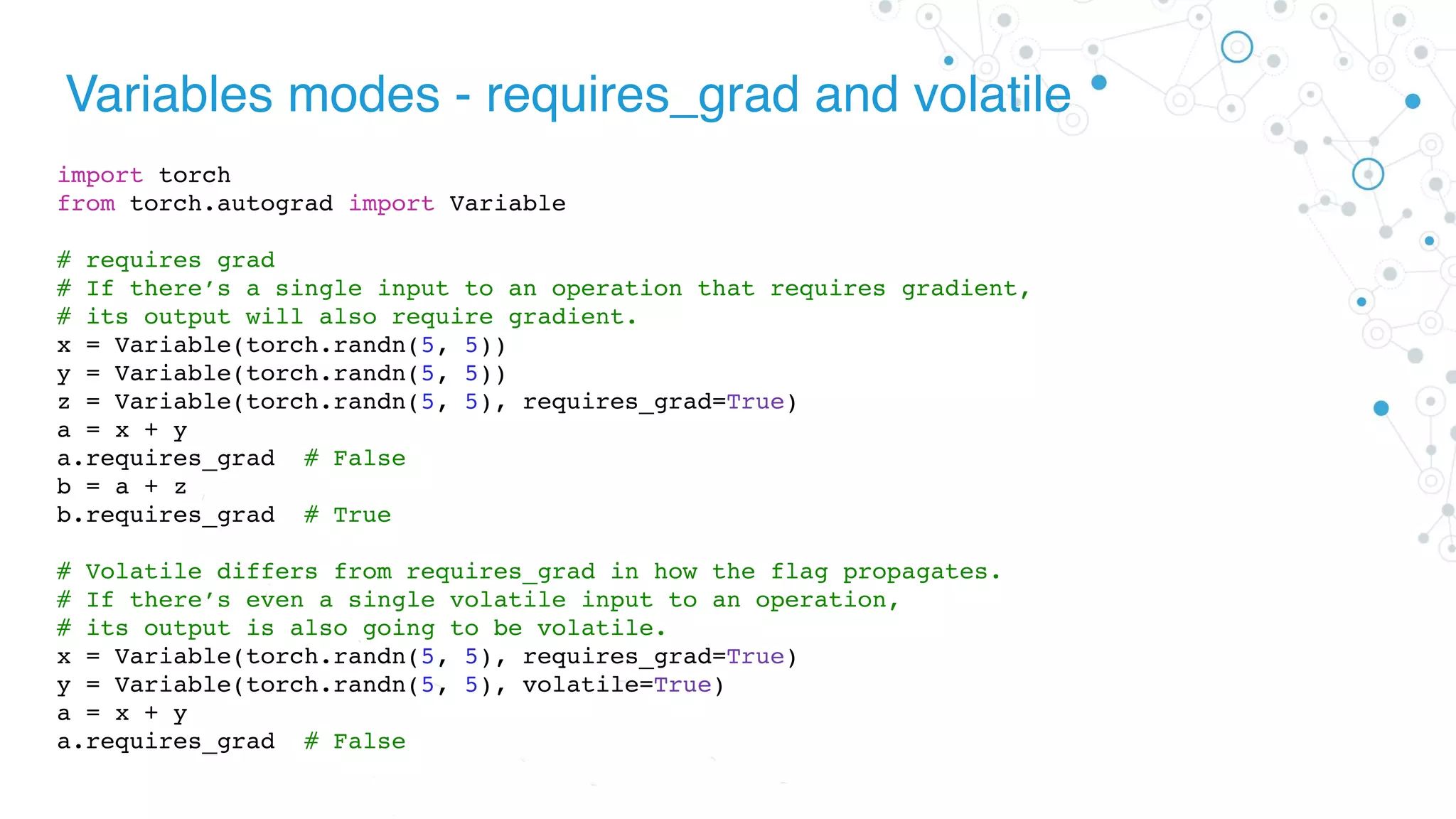 Variables modes - requires_grad and volatile
import torch
from torch.autograd import Variable
# requires grad
# If there’s a single input to an operation that requires gradient,
# its output will also require gradient.
x = Variable(torch.randn(5, 5))
y = Variable(torch.randn(5, 5))
z = Variable(torch.randn(5, 5), requires_grad=True)
a = x + y
a.requires_grad # False
b = a + z
b.requires_grad # True
# Volatile differs from requires_grad in how the flag propagates.
# If there’s even a single volatile input to an operation,
# its output is also going to be volatile.
x = Variable(torch.randn(5, 5), requires_grad=True)
y = Variable(torch.randn(5, 5), volatile=True)
a = x + y
a.requires_grad # False
 