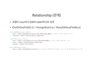 Rela%onship ( )
• class (DB table )
• OneToOneField(1:1) / ForeignKey(1:n) / ManyToManyField(n:n)
class UserInfo(models.Model):
user = models.OneToOneField(settings.AUTH_USER_MODEL) # !
nickname = models.CharField(max_length=20)
class Post(models.Model):
user = models.ForeignKey(settings.AUTH_USER_MODEL) # .
title = models.CharField(max_length=200)
content = models.TextField()
class Tag(models.Model):
post = models.ManyToManyField(Post) # Post , Post .
 