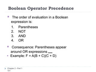 Boolean Operator Precedence
Chapter 2 - Part 1
101
 The order of evaluation in a Boolean
expression is:
1. Parentheses
2. NOT
3. AND
4. OR
 Consequence: Parentheses appear
around OR expressions
 Example: F = A(B + C)(C + D)
 
