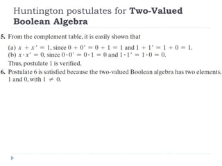 Huntington postulates for Two‐Valued
Boolean Algebra
 