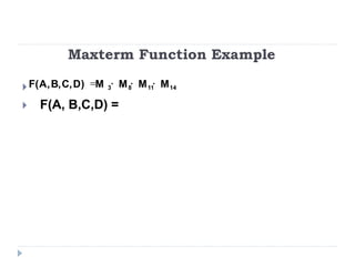 Maxterm Function Example

 F(A, B,C,D) =
14
11
8
3 M
M
M
M
)
D
,
C
,
B
,
A
(
F 


=
 