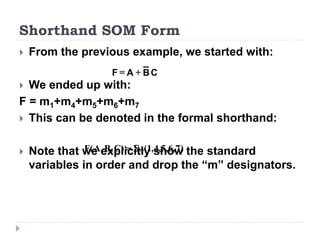 Shorthand SOM Form
 From the previous example, we started with:
 We ended up with:
F = m1+m4+m5+m6+m7
 This can be denoted in the formal shorthand:
 Note that we explicitly show the standard
variables in order and drop the “m” designators.
)
7
,
6
,
5
,
4
,
1
(
)
C
,
B
,
A
(
F m

=
C
B
A
F +
=
 