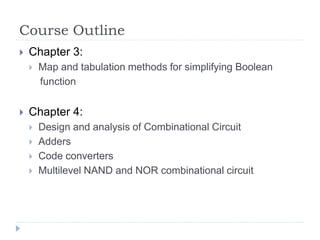 Course Outline
 Chapter 3:
 Map and tabulation methods for simplifying Boolean
function
 Chapter 4:
 Design and analysis of Combinational Circuit
 Adders
 Code converters
 Multilevel NAND and NOR combinational circuit
 