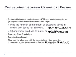 Conversion between Canonical Forms
 To convert between sum-of-minterms (SOM) and product-of-maxterms
(POM) form (or vice-versa) we follow these steps:
 Find the function complement by swapping terms in
the list with terms not in the list.
 Change from products to sums, or vice versa.
 Example: Given F as before:
 Form the Complement:
 Then use the other form with the same indices – this forms the
complement again, giving the other form of the original function:
)
7
,
5
,
3
,
1
(
)
z
,
y
,
x
(
F m

=
)
6
,
4
,
2
,
0
(
)
z
,
y
,
x
(
F m

=
)
6
,
4
,
2
,
0
(
)
z
,
y
,
x
(
F M

=
 