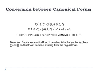 Conversion between Canonical Forms
F(A, B, C) =∑ (1, 4, 5, 6, 7)
F’(A, B, C) = ∑(0, 2, 3) = m0 + m2 + m3
F = (m0 + m2 + m3)’ = m0’ m2’ m3’ = M0M2M3 = ∏(0, 2, 3)
To convert from one canonical form to another, interchange the symbols
∑ and ∏ and list those numbers missing from the original form.
 