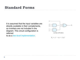 Standard Forms
It is assumed that the input variables are
directly available in their complements,
so inverters are not included in the
diagram. This circuit configuration is
referred
to as a two‐level implementation.
 