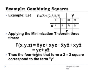 Example: Combining Squares
 Example: Let
 Applying the Minimization Theorem three
times:
 Thus the four terms that form a 2 × 2 square
correspond to the term "y".
y
=
z
y
yz+
=
z
y
x
z
y
x
z
y
x
z
y
x
)
z
,
y
,
x
(
F +
+
+
=
x
y
1
0 2
4
3
5 6
71 1
1
1
z
m(2,3,6,7)
F 
=
Chapter 2 - Part 1
185
 