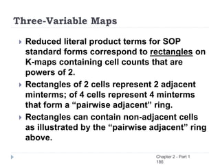 Three-Variable Maps
 Reduced literal product terms for SOP
standard forms correspond to rectangles on
K-maps containing cell counts that are
powers of 2.
 Rectangles of 2 cells represent 2 adjacent
minterms; of 4 cells represent 4 minterms
that form a “pairwise adjacent” ring.
 Rectangles can contain non-adjacent cells
as illustrated by the “pairwise adjacent” ring
above.
Chapter 2 - Part 1
186
 