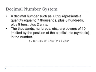 Decimal Number System
• A decimal number such as 7,392 represents a
quantity equal to 7 thousands, plus 3 hundreds,
plus 9 tens, plus 2 units.
• The thousands, hundreds, etc., are powers of 10
implied by the position of the coefficients (symbols)
in the number.
7 × 103 + 3 × 102 + 9 × 101 + 2 × 100
 