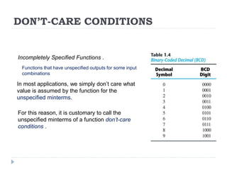 DON’T-CARE CONDITIONS
Incompletely Specified Functions .
Functions that have unspecified outputs for some input
combinations
In most applications, we simply don’t care what
value is assumed by the function for the
unspecified minterms.
For this reason, it is customary to call the
unspecified minterms of a function don’t-care
conditions .
 